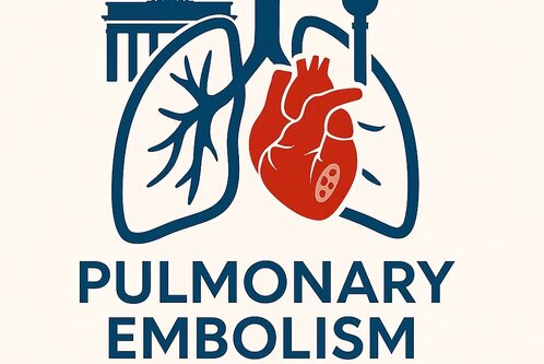 Das Bild zeigt eine stilisierte Darstellung von Lungen und einem Herzen in Rot und Blau. Darüber steht „Pulmonary Embolism“ und darunter „Update 2026“. Im Hintergrund sind die Silhouetten des Brandenburger Tors und des Fernsehturms in Berlin zu sehen.